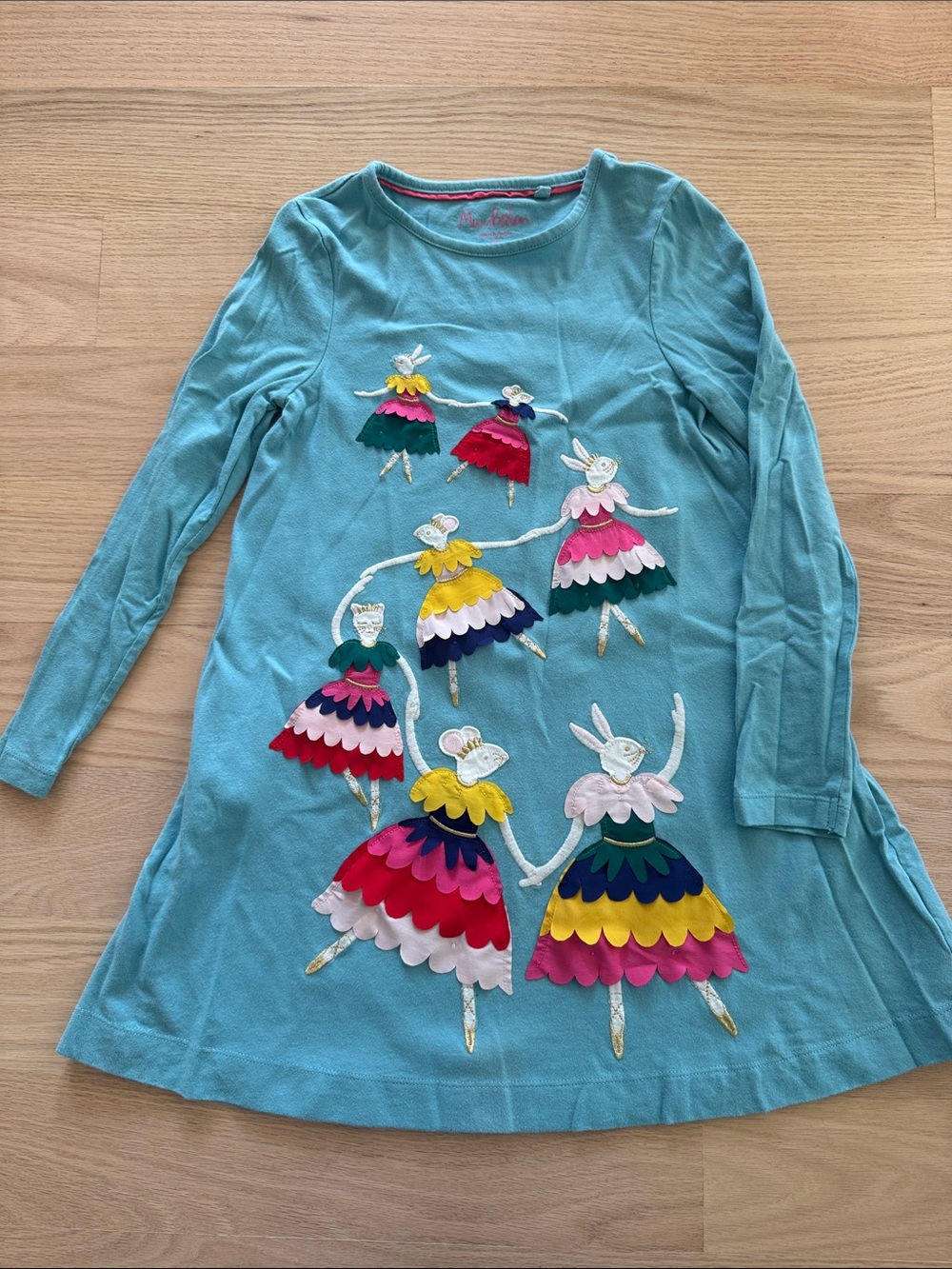 Mini Boden | Girls' Aqua Long-Sleeve Dance Dress with Ballerina Appliqués